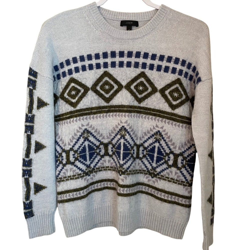 J.Crew Nordic Fair Isle‎ Mohair Wool Blend Sweater Gray Geo Apres Ski Size M